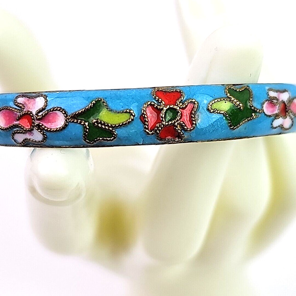 Vintage Cloissone Enameled Blue Pink Gold Floral Design Bangle Bracelet 2.35 in - Picture 8 of 9